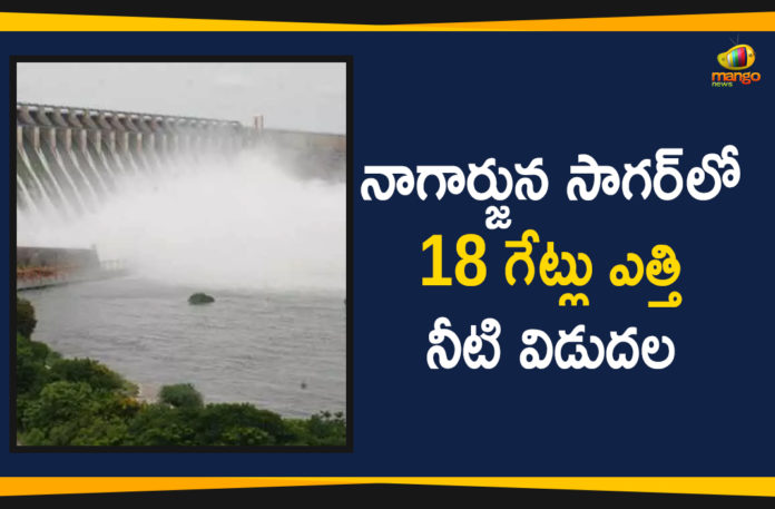 Mango News Telugu, Nagarjuna Sagar 18 Gates Lifted, Nagarjuna Sagar 18 Gates Lifted Again, Nagarjuna Sagar 18 Gates Lifted Again To Discharge Huge Flood, Nagarjuna Sagar 18 Gates Lifted To Discharge Huge Flood, Political Updates 2019, telangana, Telangana Breaking News, Telangana Political Live Updates, Telangana Political Updates, Telangana Political Updates 2019