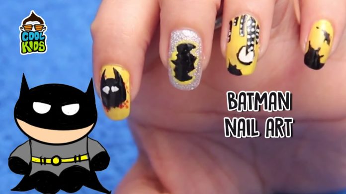 Batman Nail Art,BATMAN,nails,art,CARTOON,character,tutorials,#DIY,#CoolKids,kids,girls,boys,superhero,haloween,fictional,comic,book,brush,tools,dotting tool,nailart tools,dc comics,color,black,White,yellow,I'm Batman,Glossy Nails,Gotham city,pretty,design,easy,simple,home