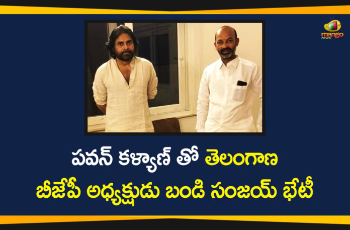Bandi Sanjay Meets Pawan Kalyan, Bandi Sanjay Meets Pawan Kalyan at Hyderabad, BJP President Bandi Sanjay Meets Pawan Kalyan, janasena chief pawan kalyan, Latest Telangana News, Mango News Telugu, pawan kalyan, Telangana BJP President, Telangana BJP President Bandi Sanjay, Telangana News