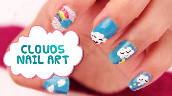 Nail Arts,nails,Rainbow,color,Cute,clouds,tutorials,easy,simple,Nail Color,Glitter,diy,nail art videos,Striped Rainbow,Rainbow nail art,pretty,cool,Epic,awesome,FUNKY,shiny,glossy,colors,blue,yellow,rainbow art designs,french nails,Fun,short nails