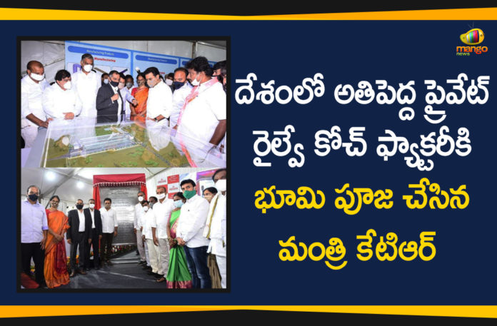 Ground Breaking Ceremony of Medha Rail Coach Factory, Kondakal, KTR, KTR conducts bhoomi puja for rail coach factory, KTR Lays Foundation Stone For Rail Coach Factory, Medha Rail Coach Factory in Kondakal, Medha Servo plans, Minister KTR, Rail and Metro Coach Factory, Telangana Govt