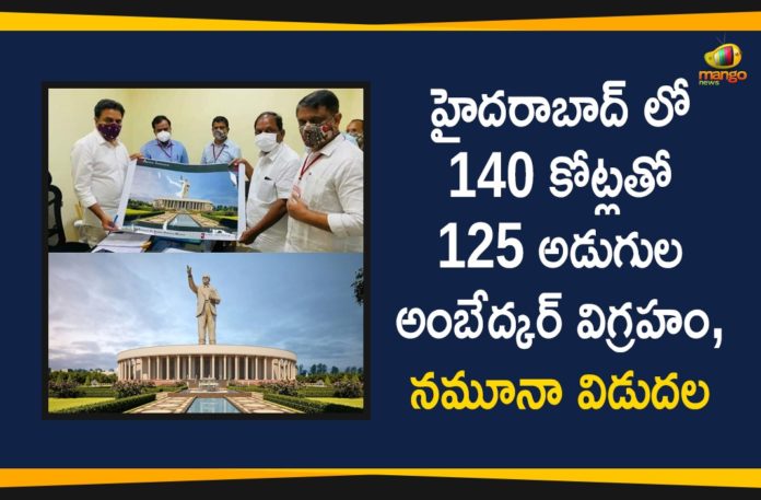 125 Feet Ambedkar Statue, 125-feet tall Ambedkar statue in Hyderabad, Ambedkar statue design unveiled, Hyderabad 125 Feet Ambedkar Statue, Koppula Eshwar, Koppula Eshwar Unveiled Design of 125 Feet Ambedkar Statue, KTR, KTR unveils final design of mammoth Ambedkar statue, Minister Koppula Eshwar, Minister KTR