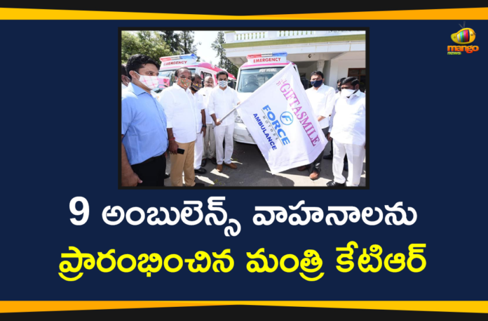 Ambulance Vehicles under Gift a Smile, Gift a Smile, gift a smile ambulance, Gift A Smile campaign, gift a smile ktr, KTR Gift A Smile Program, KTR Launches 9 Ambulances at Pragathi Bhavan, KTR on Gift A Smile Program, Minister KTR, Minister KTR Launches 9 Ambulances, Minister KTR Launches 9 Ambulances at Pragathi Bhavan, Pragathi Bhavan
