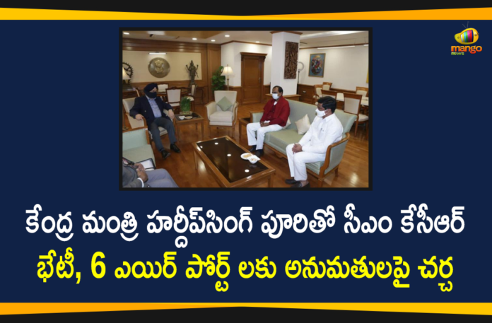 CM KCR Meets Union Civil Aviation Minister Hardeep Singh Puri At Delhi,Telangana CM KCR Meets Hardeep Puri,Seeks Sanction Of Six New Airports,CM KCR Urges Union Aviation Min To Expedite Setting Up Of 5 Airports In Telangana,Telangana,CM KCR Latest News,Mango News,Mango News Telugu,CM KCR Meets Union Civil Aviation Minister,CM KCR Meets Minister Hardeep Singh Puri At Delhi,CM KCR Meets Minister Hardeep Singh Puri,Telangana CM KCR Meets Hardeep Puri,CM KCR Meets With Union Minister Hardeep Singh Puri In Delhi,CM KCR Delhi Tour,Delhi,CM KCR Delhi Tour To Meet Minister Hardeep Singh Puri,CM KCR Delhi Tour Latest Updates,Union Civil Aviation Minister Hardeep Singh Puri