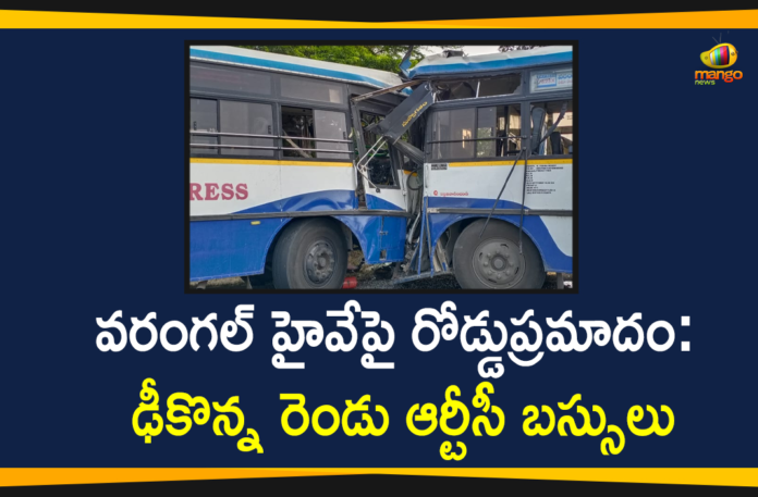 Karimnagar Warangal highway, Karimnagar Warangal Highway Accident, Mango News Telugu, RTC Buses Collided at Warangal Highway, Two buses collide on Karimnagar-Warangal highway, Two RTC Buses Collided, Two RTC Buses Collided at Warangal Highway, Warangal, Warangal RTC Bus Accident, Warangal RTC Bus Accident News, Warangal RTC Bus Accident Updates