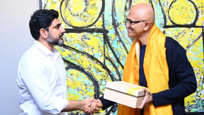Minister Nara Lokesh Met Microsoft CEO Satya Nadella, Nara Lokesh Met Microsoft CEO Satya Nadella, Microsoft CEO, Microsoft, Nara Lokesh, Andhra It Minister Nara Lokesh, Nara Lokesh Met Microsoft CEO Satya Nadella, Nara Lokesh Us Tour, Andhra Pradesh, AP Live Updates, Live Updates, Breaking News, Headlines, Live News, Mango News, Mango News Telugu