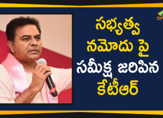 KTR holds meet Party Membership Drive Incharges, KTR holds meet with leaders on membership, KTR Meets Party Membership Drive Incharges In Telangana Bhavan, KTR to kick start TRS membership drive in Hyderabad, KTR to review membership drive today, Mango News, Party Membership Drive Incharges Met By KTR, TRS Working President KTR with Party Membership Incharges
