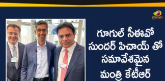 Google CEO Sundar Pichai, KTR Meets Google CEO Sundar Pichai, KTR Meets Google CEO Sundar Pichai in Davos, Mango News Telugu, Minister KTR Latest News, Political Updates 2020, Telangana Breaking News, Telangana Political Live Updates, Telangana Political Updates