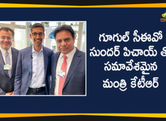 Google CEO Sundar Pichai, KTR Meets Google CEO Sundar Pichai, KTR Meets Google CEO Sundar Pichai in Davos, Mango News Telugu, Minister KTR Latest News, Political Updates 2020, Telangana Breaking News, Telangana Political Live Updates, Telangana Political Updates
