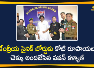Janasena, Janasena Pawan Kalyan, Janasena President, Janasena President Pawan Kalyan, Kendriya Sainik Board, Mango News Telugu, pawan kalyan, Pawan Kalyan 1 Crore Check Kendriya Sainik Board, Pawan Kalyan Donates 1 Cr to Kendriya Sainik Board