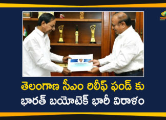 Bharat Biotech, Bharat Biotech Coronavirus Donations, Bharat Biotech Donates Rs 2 Crore to Fight Coronavirus, Bharat Biotech Donates Rs 2 Crore to Telangana CM Relief Fund, Donations to Telangana CM Relief Fund, Mango News Telugu, Telangana CM Relief Fund, Telangana CM Relief Fund Donations