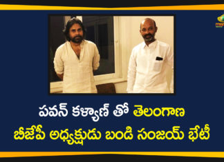 Bandi Sanjay Meets Pawan Kalyan, Bandi Sanjay Meets Pawan Kalyan at Hyderabad, BJP President Bandi Sanjay Meets Pawan Kalyan, janasena chief pawan kalyan, Latest Telangana News, Mango News Telugu, pawan kalyan, Telangana BJP President, Telangana BJP President Bandi Sanjay, Telangana News