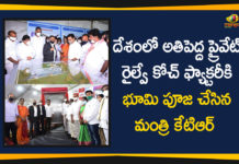 Ground Breaking Ceremony of Medha Rail Coach Factory, Kondakal, KTR, KTR conducts bhoomi puja for rail coach factory, KTR Lays Foundation Stone For Rail Coach Factory, Medha Rail Coach Factory in Kondakal, Medha Servo plans, Minister KTR, Rail and Metro Coach Factory, Telangana Govt