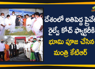 Ground Breaking Ceremony of Medha Rail Coach Factory, Kondakal, KTR, KTR conducts bhoomi puja for rail coach factory, KTR Lays Foundation Stone For Rail Coach Factory, Medha Rail Coach Factory in Kondakal, Medha Servo plans, Minister KTR, Rail and Metro Coach Factory, Telangana Govt