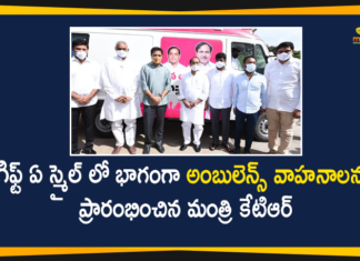 Ambulance Vehicles under Gift a Smile, Covid Response Ambulances, gift a smile ambulance, Gift A Smile campaign, Gift A Smile campaign by KTR, gift a smile ktr, KTR Gift A Smile Program, KTR gifts ambulances under gift a smile, KTR on Gift A Smile Program, Minister KTR Launches Covid Response Ambulances, Pragathi Bhavan