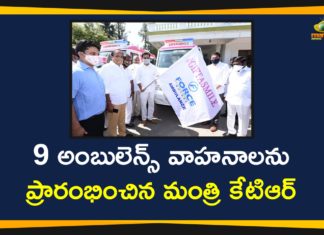 Ambulance Vehicles under Gift a Smile, Gift a Smile, gift a smile ambulance, Gift A Smile campaign, gift a smile ktr, KTR Gift A Smile Program, KTR Launches 9 Ambulances at Pragathi Bhavan, KTR on Gift A Smile Program, Minister KTR, Minister KTR Launches 9 Ambulances, Minister KTR Launches 9 Ambulances at Pragathi Bhavan, Pragathi Bhavan