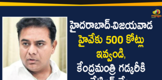 500 Crores For Hyderabad-Vijayawada Highway, Hyderabad-Vijayawada Highway, Hyderabad-Vijayawada Highway Development, KTR asks centre to grant Rs 500 crore, KTR asks centre to grant Rs 600 crore, KTR Demands Rs 500 Crores For Hyderabad-Vijayawada Highway, KTR urges Union minister Nitin Gadkari, KTR Writes To Central Government, Telangana, Telangana seeks Rs 500 crore from Centre