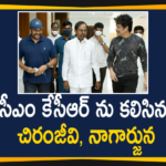 Chiranjeevi and Nagarjuna Handed over Cheques for CMRF, Chiranjeevi Nagarjuna meets CM KCR, CMRF, Megastar Chiranjeevi, Megastar Chiranjeevi and Nagarjuna Met CM KCR, Telangana CMRF, Telangana CMRF Donations, Tollywood actors meets with CM KCR