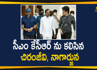 Chiranjeevi and Nagarjuna Handed over Cheques for CMRF, Chiranjeevi Nagarjuna meets CM KCR, CMRF, Megastar Chiranjeevi, Megastar Chiranjeevi and Nagarjuna Met CM KCR, Telangana CMRF, Telangana CMRF Donations, Tollywood actors meets with CM KCR