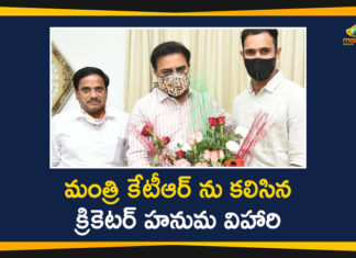 Cricketer Hanuma Vihari, Cricketer Hanuma Vihari called on KTR, Cricketer Hanuma Vihari Meets KTR In Pragathi Bhavan, Cricketer Hanuma Vihari Meets Minister KTR, Hanuma Vihari, Hanuma Vihari Meets Minister KTR, Hanuma Vihari Meets Minister KTR at Pragathi Bhavan, Indian Cricketer Hanuma Vihari, Mango News, Sydney Hero Meets KTR, Vihari presents a bat to KTR