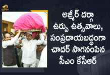 Ajmer Dargah, Ajmer Dargah chader, Ajmer Dargah Urs, Ajmer Dargah Urs Celebrations, CM KCR, CM KCR Presented Chader Ajmer Dargah, CM KCR sends chader to Ajmer Dargah, KCR has Seen off the Chader to be Presented at Ajmer Dargah, KCR Presented Chader, Latest News on ajmer dargah, Mango News, Muslims display Ajmer Dargah chader to CM KCR, Telangana CM KCR, Telangana CM sends chadar