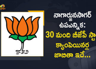 Nagarjuna Sagar Assembly By-election: BJP Announced Star Campaigners List with 30 Members,Mango News,Mango News Telugu,Nagarjuna Sagar Elections: BJP notifies star campaigners,Telangana: BJP announced star campaigner list for Nagarjuna Sagar bypoll,Nagarjuna Sagar Assembly By-election,Nagarjuna Sagar Assembly By-election Latest News,BJP Announced Star Campaigners List with 30 Members In Nagarjuna Sagar Assembly By-election
