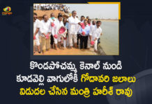 Godavari Water into Kudavelli Vagu from Kondapochamma Sagar Canal, Harish Rao Released Godavari Water into Kudavelli Vagu, KLIS water is released in Kudavelly Vagu, KLIS water released into Kudavelly Vagu, KLIS water to be released into Kudavelly Vagu, Kondapochamma Sagar, Kondapochamma Sagar Canal, Kudavelli Vagu, Mango News, Minister Harish Rao, Minister Harish Rao Released Godavari Water into Kudavelli Vagu, Water released to irrigate