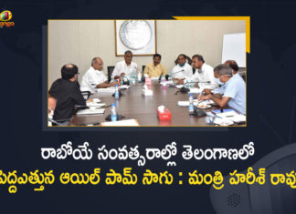 Cultivation of Oil Palm, Cultivation of Oil Palm In Telugu, Focus on oil palm cultivation, Mango News, Meeting on Cultivation of Oil Palm, Minister Harish Rao, Minister Harish Rao held Meeting on Cultivation of Oil Palm, Minister Harish Rao held Meeting on Cultivation of Oil Palm in the State, Minister Harish Rao holds a meeting on cultivation, Minister Harish Rao holds a meeting on cultivation of Oil Palm, Oil Palm, Telangana govt to take up Oil palm cultivation, Telangana govt to take up Oil palm cultivation in big way, Telangana Oil palm cultivation
