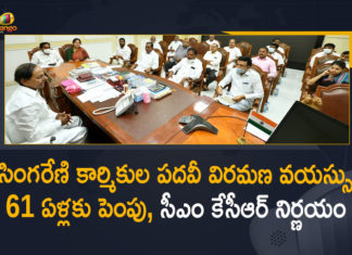 CM KCR Decided to Increase Retirement Age of Singareni Workers, CM KCR Decided to Increase Retirement Age of Singareni Workers to 61 Years, KCR Decided to Increase Retirement Age of Singareni Workers, Mango News, Retirement Age of Singareni Workers, Retirement Age of Singareni Workers Increase, Retirement Age of Singareni Workers Increase News, Retirement age of Singareni workers increased to 61, Singareni workers’ retirement age enhanced to 61 years, TRS govt increased the retirement age of Singareni workers