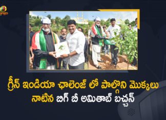#GreenIndiaChallenge, Amitabh Bachchan, Amitabh Bachchan Green India Challenge, Amitabh Bachchan Planted Saplings as Part of Green India Challenge, Amitabh Bachchan plants sapling, Amitabh Bachchan takes part in Green India Challenge, Amitabh Bachchan takes up Green India Challenge, Big B Amitabh Bachchan, Big B Amitabh Bachchan Planted Saplings as Part of Green India Challenge, Big B joins Green India Challenge in Hyderabad, Green India Challenge, Mango News