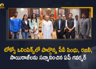 Andhra Governor honours Olympians, Andhra Pradesh proud of Olympians, AP Governor Biswabhusan Harichandan Felicitated PV Sindhu, AP Governor Biswabhusan Harichandan Felicitated PV Sindhu Rajani Sairaj at Rajbhavan, Biswa Bhusan Harichandan, biswabhusan harichandan, Biswabhusan Harichandan Felicitated PV Sindhu, Biswabhusan Harichandan Felicitated Rajani Sairaj, Governor felicitates Rajani Sindhu, Mango News, PV Sindhu Olympic Star Player Felicitated by AP Governor, Rajani Sairaj, Rajbhavan