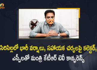 #KCR, CM KCR inquires about heavy rains, Floods in Sircilla, Heavy rain triggers floods in Sircilla city, Heavy Rains and Floods in Sircilla, Mango News, Minister KTR, Minister KTR Held Teleconference with District Collector, Several areas in Telangana inundated due to heavy rains, telangana, Telangana CM KCR, Telangana rains, Telangana rains live updates, telangana rains news, telangana rains updates