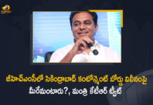 Minister KTR Tweet for Public Opinion on Secunderabad Cantonment Board Merger in GHMC, KTR, KTR Opines SCB And GHMC Mergers, KTR seeks public opinion on SCB And GHMC Mergers, KTR seeks public opinion on the question of merging Statistics, KTR Seeks Public Opinion Through Twitter, Mango News, Merge SCB with GHMC, Merger of Secunderabad Cantonment Board with Hyderabad, SCB And GHMC Merge, SCB And GHMC Merge News, SCB And GHMC Mergers, Secunderabad Cantonment Board Merge With GHMC, Secunderabad Cantonment Board to be merged with GHMC