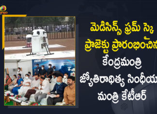 Civil Aviation Minister, Civil Aviation Minister Jyotiraditya Scindia, covid-19 Medicine from the Sky, Jyotiraditya Scindia, KTR, Mango News, Medicine From Sky, Medicine From the Sky Project, Medicine From the Sky Project in Vikarabad, Minister KTR Launched Medicine From the Sky Project in Vikarabad, Telangana govt encourages emerging technologies, Telangana Medicine from the Sky Program, Union Minister Jyotiraditya Scindia, Vikarabad