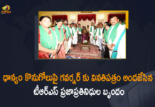 Mango News, Memorandum to the Telangana Governor over Paddy Procurement, Paddy Procurement, Paddy procurement across Telangana, Paddy Procurement Centers, Paddy procurement In Telangana, Paddy procurement issue in telangana, Telangana Governor over Paddy Procurement, TRS Delegation Submitted Memorandum, TRS Delegation Submitted Memorandum to the Telangana Governor over Paddy Procurement, TRS Maha Dharna