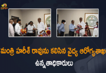 Finance Minister Harish Rao, Harish Rao, Harish Rao given charge of Health portfolio, Harish Rao Latest News, Health Department Officials Met Minister Harish Rao, Mango News, Medical and Health Department Officials, Medical and Health Department Officials Met Minister Harish Rao, Medical and Health Department Officials Met Minister Harish Rao on Assuming Charge, Telangana Medical and Health Department Officials, TRS leaders greet Harish on getting Health portfolio