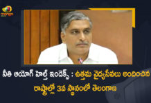 Mango News, Minister Harish Rao, Niti Aayog’s Health Index, telangana, Telangana a role model in healthcare, Telangana among top 3 states in health service index, Telangana Gets 3rd Best State Status in Niti Aayog’s Health Index, Telangana Gets 3rd Best State Status in Niti Aayog’s Health Index Minister Harish Rao, Telangana Health Minister T Harish Rao, Telangana minister T Harish Rao, Telangana third in terms of health parameters