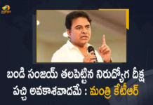 Bandi Sanjay Nirudyoga Deeksha, Bandi Sanjay Nirudyoga Deeksha News, Bandi Sanjay Nirudyoga Deeksha Updates, BJP deeksha on jobs an opportunistic stun, Describes Deeksha as an Opportunistic Stunt, KTR Counters on Bandi Sanjay, KTR questions BJP leader Bandi on jobs for unemployed, KTR slams Bandi Sanjay, KTR writes to Bandi Sanjay over Deeksha, KTR writes to Bandi Sanjay over unemployment Deeksha, Mango News, Minister KTR Counters on Bandi Sanjay, Minister KTR Counters on Bandi Sanjay Nirudyoga Deeksha, Opportunistic Stunt