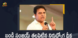 Bandi Sanjay Nirudyoga Deeksha, Bandi Sanjay Nirudyoga Deeksha News, Bandi Sanjay Nirudyoga Deeksha Updates, BJP deeksha on jobs an opportunistic stun, Describes Deeksha as an Opportunistic Stunt, KTR Counters on Bandi Sanjay, KTR questions BJP leader Bandi on jobs for unemployed, KTR slams Bandi Sanjay, KTR writes to Bandi Sanjay over Deeksha, KTR writes to Bandi Sanjay over unemployment Deeksha, Mango News, Minister KTR Counters on Bandi Sanjay, Minister KTR Counters on Bandi Sanjay Nirudyoga Deeksha, Opportunistic Stunt