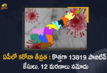 ఏపీలో కరోనా తీవ్రత : కొత్తగా 13819 పాజిటివ్ కేసులు, 12 మరణాలు నమోదు Andhra Pradesh : 13819 New Covid-19 Positive Cases and 12 Deaths Reported Today, Andhra Pradesh, Andhra Pradesh COVID-19 Daily Bulletin, Andhra Pradesh Department of Health, ap coronavirus cases today, ap coronavirus cases total, ap coronavirus updates district wise, AP COVID 19 Cases, AP Total Positive Cases, COVID-19, COVID-19 Daily Bulletin, Total Corona Cases In AP,mango news