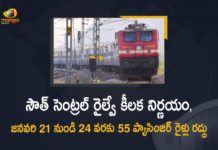 Central Railway Cancels 55 Passenger Trains, Mango News, SCR Releases Cancelled Trains List, SCR Releases Cancelled Trains List for January 2022, South Central Railway, South Central Railway Cancelled 55 Passenger Trains, south central railway cancelled trains tomorrow, South Central Railway Cancels 55 Passenger Trains, South Central Railway Cancels 55 Passenger Trains Between January 21 and 24, South Central Railway cancels 55 trains over low occupancy, telangana railway news today, Trains Cancelled