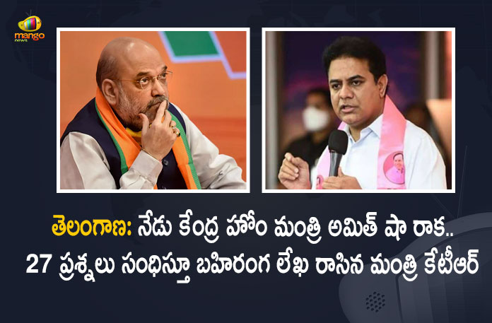 Minister KTR's 27-Questions Open Letter To Union Home Minister Amit Shah Ahead of Telangana Visit, Telangana Minister KTR's 27-Questions Open Letter To Union Home Minister Amit Shah Ahead of Telangana Visit, KTR Writes An Open Letter To Amit Shah Questions Discrimination To Telangana, KTR Writes An Open Letter To Amit Shah, KTR Questions Discrimination To Telangana, Discrimination To Telangana, Minister KTR Writes An Open Letter To Amit Shah, Minister KT Rama Rao wrote an open letter to the Union Home Minister Amit Shah, letter was a barrage of questions in form of an open letter regarding the coals, KT Rama Rao pointed out the discrimination government at the Centre had against Telangana State, discrimination government, Union Home Minister Amit Shah, Home Minister Amit Shah, Minister Amit Shah, Union Home Minister, Minister KTR Issues Legal Notice MP Bandi Sanjay Kumar, Working President of the Telangana Rashtra Samithi, Telangana Rashtra Samithi Working President, TRS Working President KTR, Telangana Minister KTR, KT Rama Rao, Minister KTR, Minister of Municipal Administration and Urban Development of Telangana, KT Rama Rao Minister of Municipal Administration and Urban Development of Telangana, KT Rama Rao Information Technology Minister, KT Rama Rao MA&UD Minister of Telangana, Mango News, Mango News Telugu,