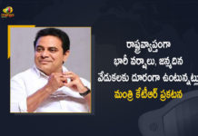 Minister KTR Decided to Stay Away from Birthday Celebrations due to Heavy Rains Situation in the State, Telangana Minister KTR Decided to Stay Away from Birthday Celebrations due to Heavy Rains Situation in the State, KTR Decided to Stay Away from Birthday Celebrations due to Heavy Rains Situation in the State, Heavy Rains Situation in the State, KTR Decided to Stay Away from Birthday Celebrations, KTR Birthday Celebrations, Impact of heavy rains KTR Decided to Stay Away from Birthday Celebrations, Minister KTR Birthday Celebrations, Birthday Celebrations, KTR Birthday Celebrations News, KTR Birthday Celebrations Latest News, KTR Birthday Celebrations Latest Updates, KTR Birthday Celebrations Live Updates, Working President of the Telangana Rashtra Samithi, Telangana Rashtra Samithi Working President, TRS Working President KTR, Telangana Minister KTR, KT Rama Rao, Minister KTR, Minister of Municipal Administration and Urban Development of Telangana, KT Rama Rao Minister of Municipal Administration and Urban Development of Telangana, KT Rama Rao Information Technology Minister, KT Rama Rao MA&UD Minister of Telangana, Mango News, Mango News Telugu,
