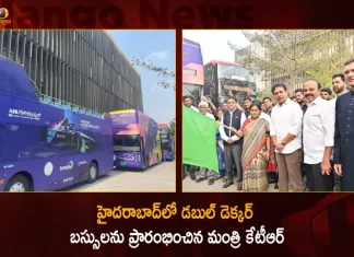 Minister KTR CS Santhi Kumari Flag-off First 3 E-Double Decker buses at Hyderabad,Minister KTR ,CS Santhi Kumari,Flag-off 3 E-Double Decker buses,Mango News,Mango News Telugu,CM KCR News And Live Updates, Telangna Congress Party, Telangna BJP Party, YSRTP,TRS Party, BRS Party, Telangana Latest News And Updates,Telangana Politics, Telangana Political News And Updates,Telangana Minister KTR