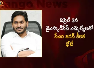AP CM Jagan To Meet YSRCP MLAs on April 3rd For Discussing Govt Welfare Schemes and Coming Elections,AP CM Jagan To Meet YSRCP MLAs on April 3rd,AP CM Jagan For Discussing Govt Welfare Schemes,AP CM Jagan For Discussing Coming Elections,Mango News,Mango News Telugu,AP CM YS Jagan Mohan Reddy,YSR Party,AP Politics,AP Latest Political News,Andhra Pradesh Latest News,Andhra Pradesh News,Andhra Pradesh News and Live Updates,Andhra pradesh Politics,Andhra Pradesh Welfare Schemes,AP CM Jagan Latest News and Live Updates